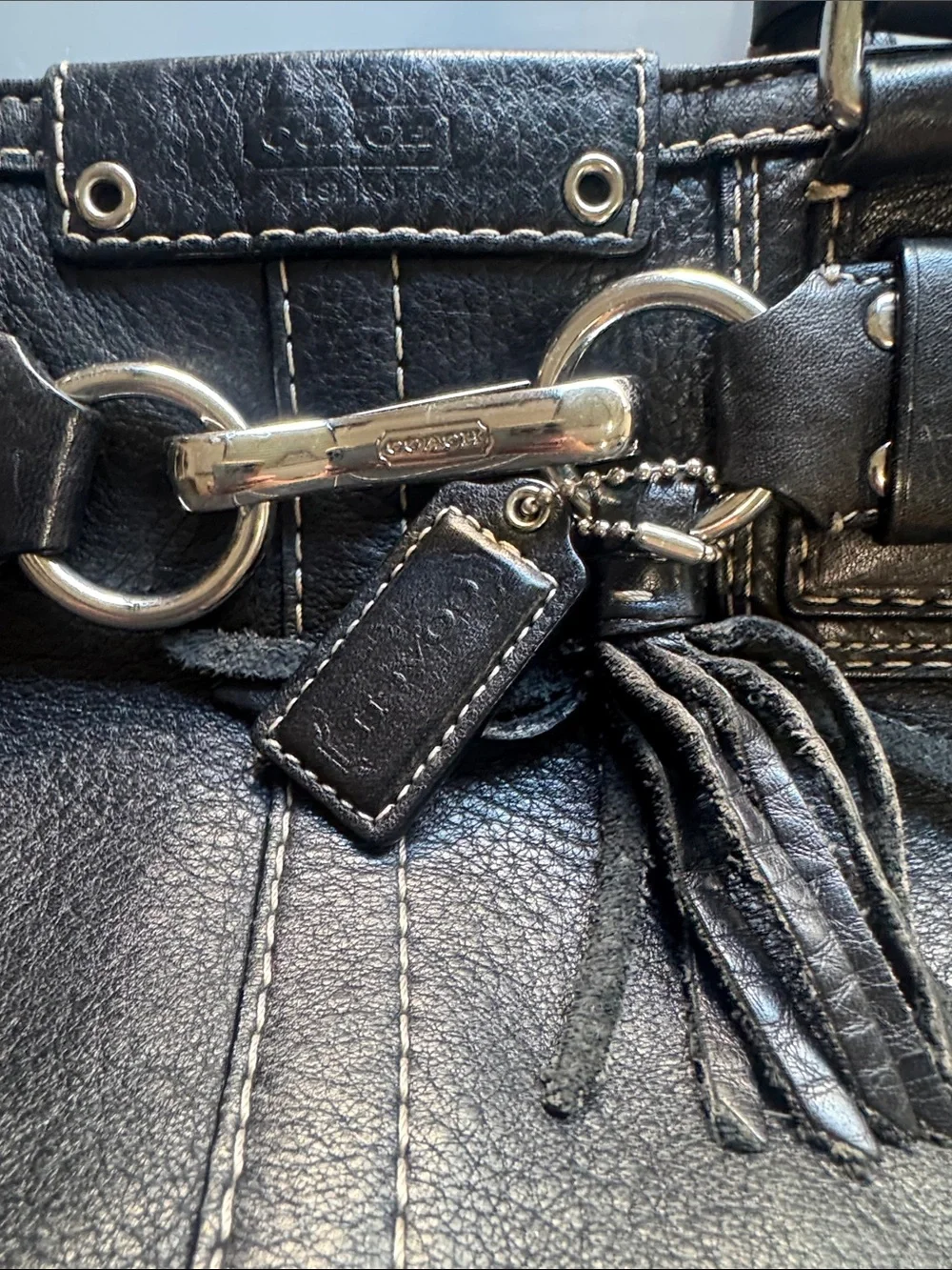 Coach Hampton Carryall Black Leather Shoulder Bag with Braided Horsebit detail